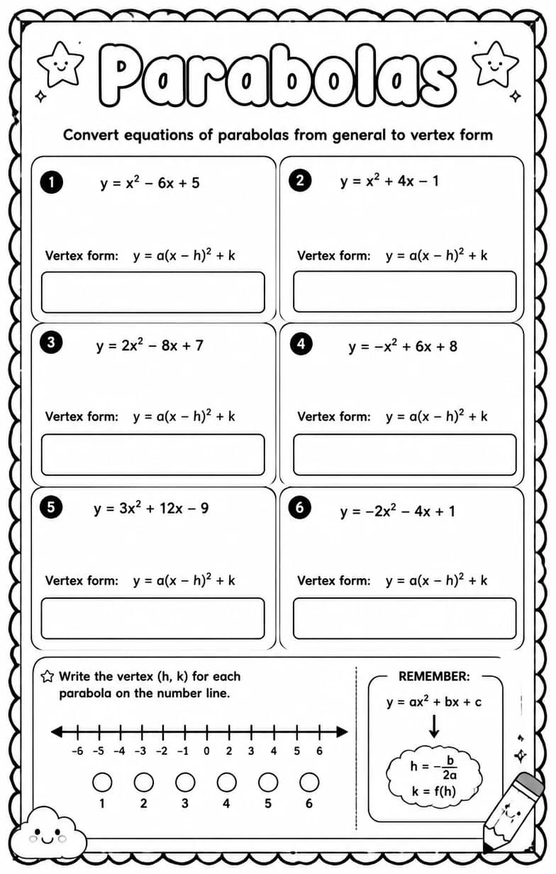 Convert equations of parabolas from general to vertex form — free printable Algebra 2 math worksheet