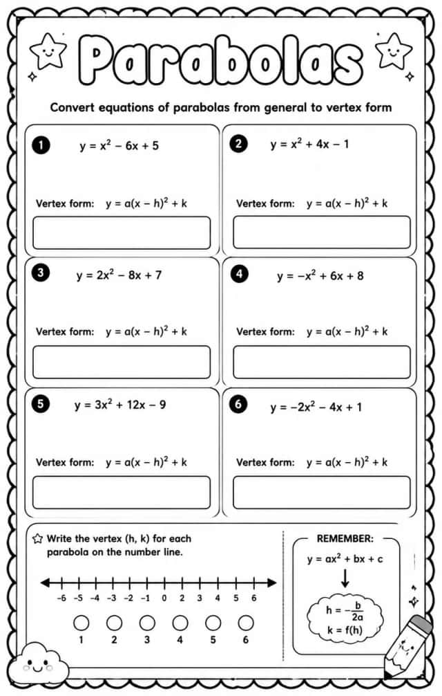 Convert equations of parabolas from general to vertex form