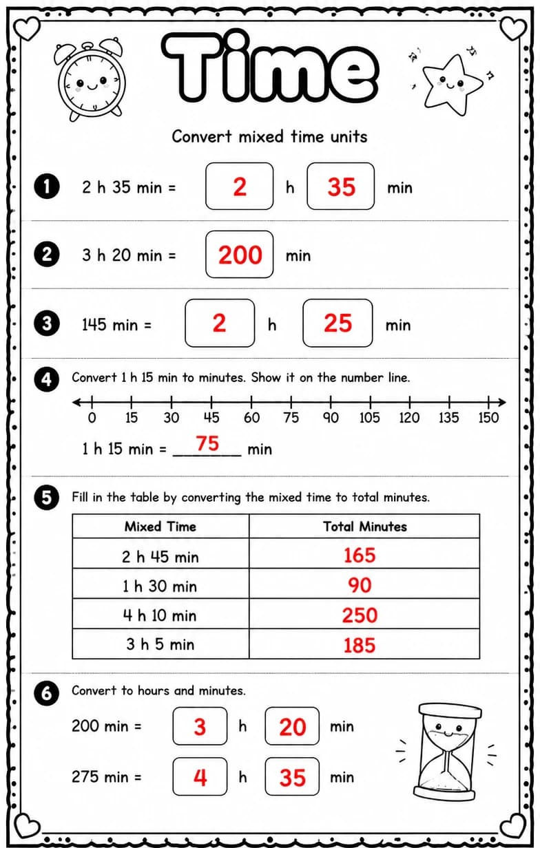 Answer key for Convert mixed time units — free printable Math worksheet