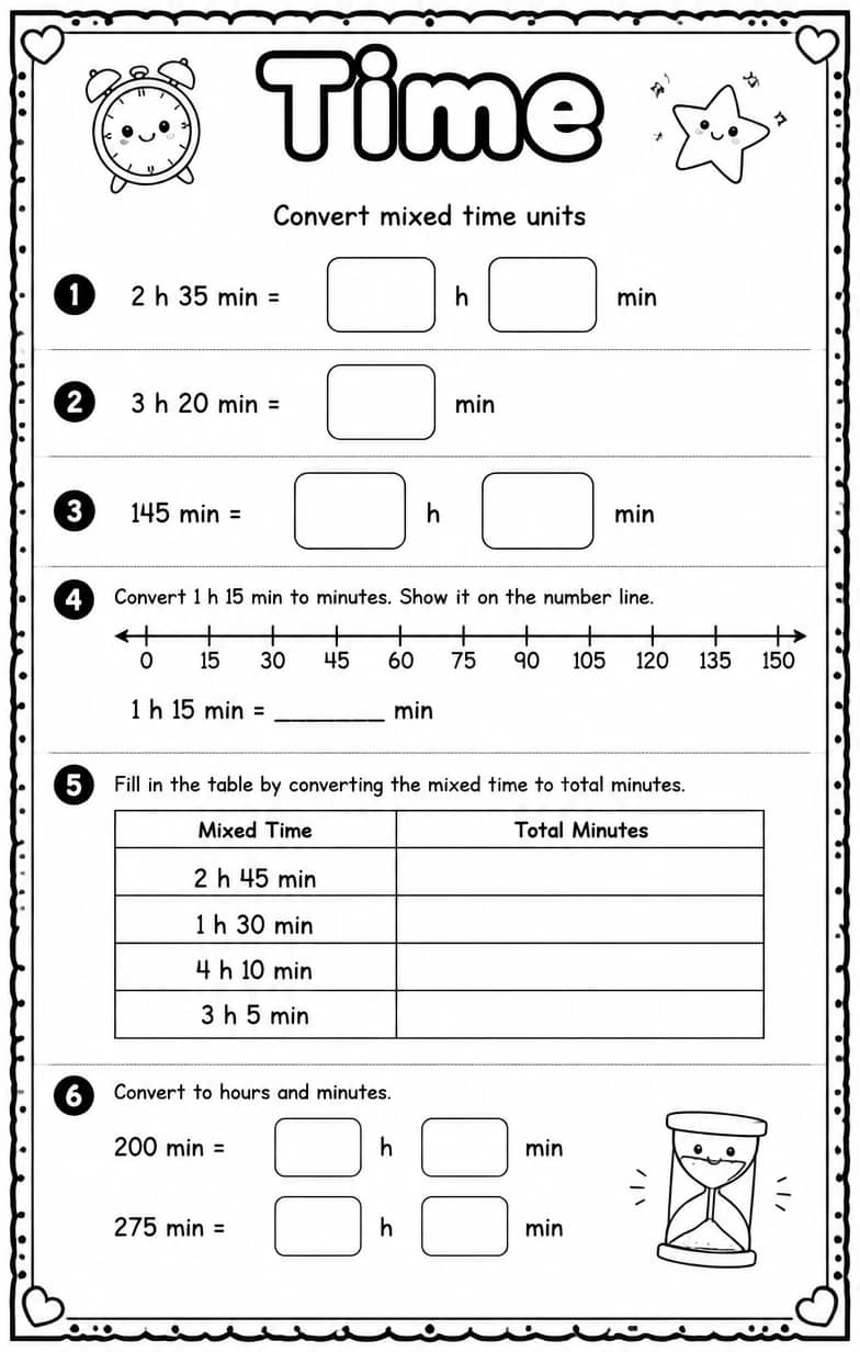 Convert mixed time units — free printable Grade 4 math worksheet