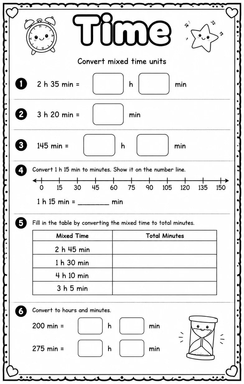 Convert mixed time units — free printable Grade 4 math worksheet