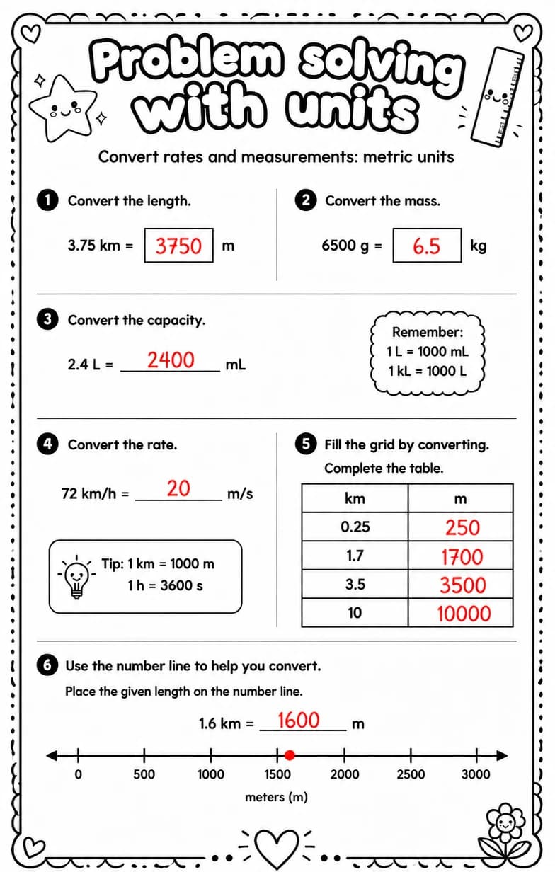 Answer key for Convert rates and measurements: metric units — free printable Math worksheet