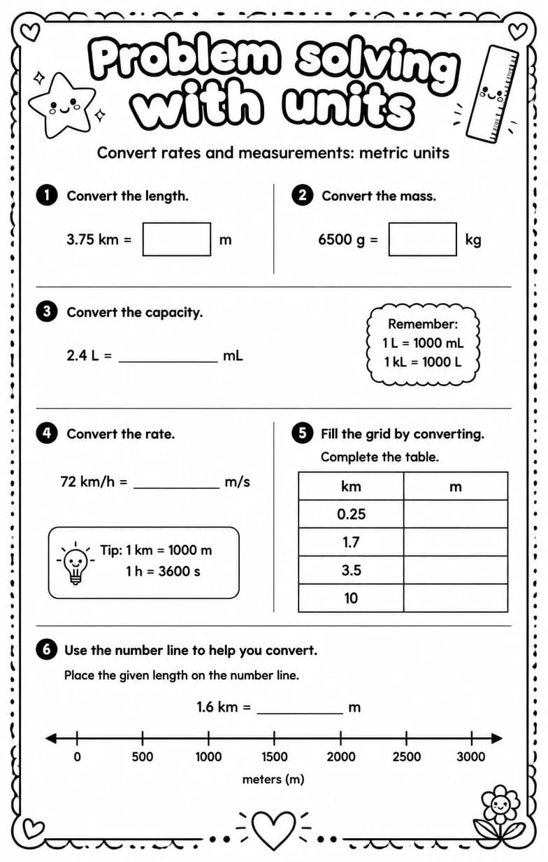 Convert rates and measurements: metric units — free printable Algebra 1 math worksheet