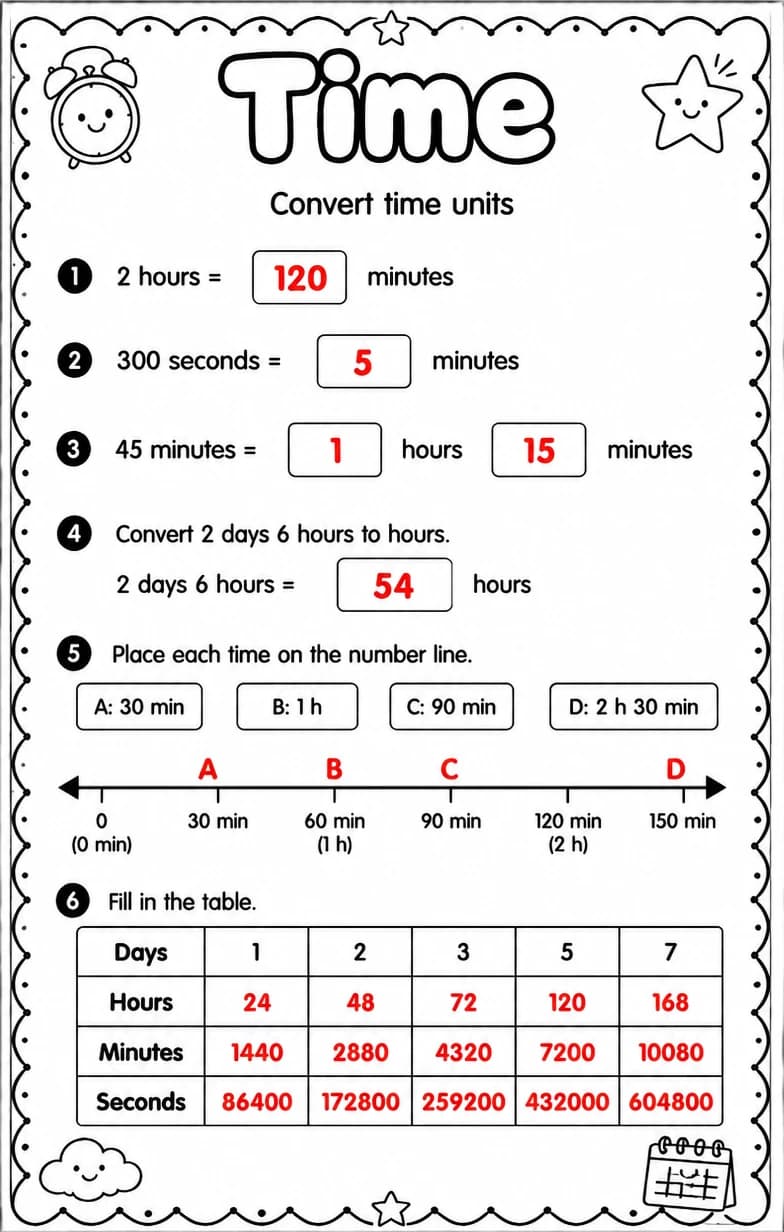 Answer key for Convert time units — free printable Math worksheet