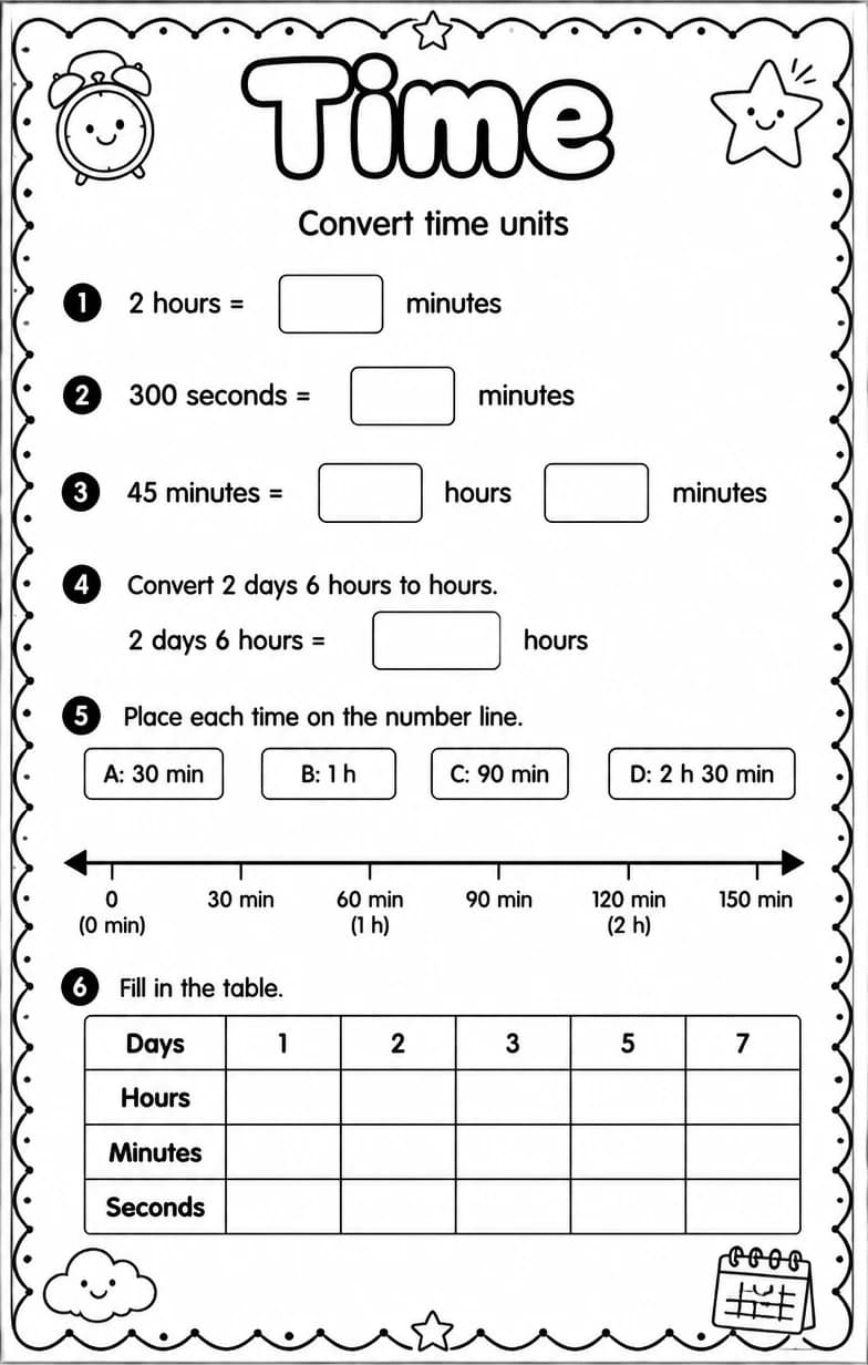 Convert time units — free printable Grade 4 math worksheet