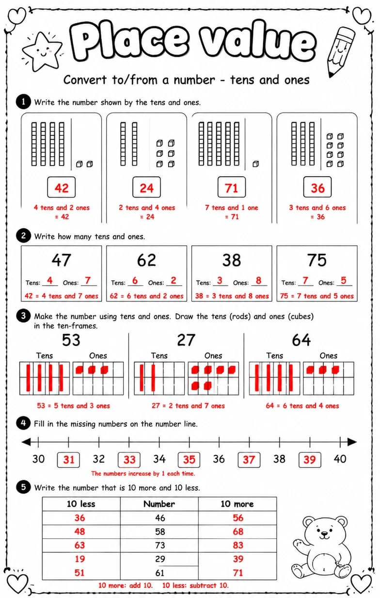 Answer key for Convert to/from a number - tens and ones — free printable Math worksheet