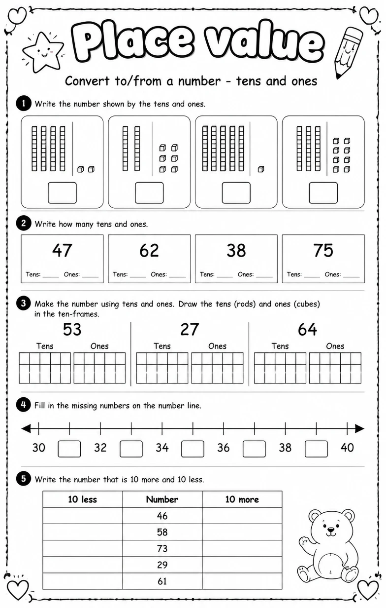 Convert to/from a number - tens and ones — free printable Grade 2 Math worksheet