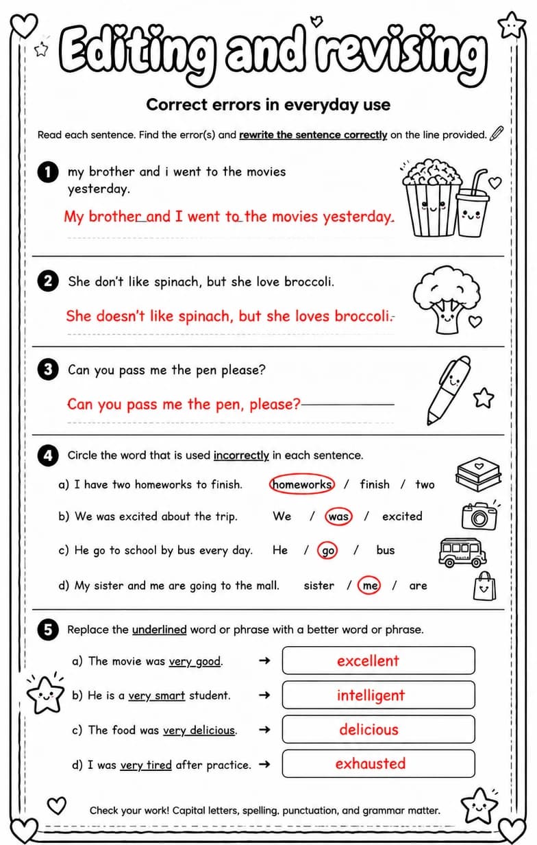 Answer key for Correct errors in everyday use — free printable English & Reading worksheet