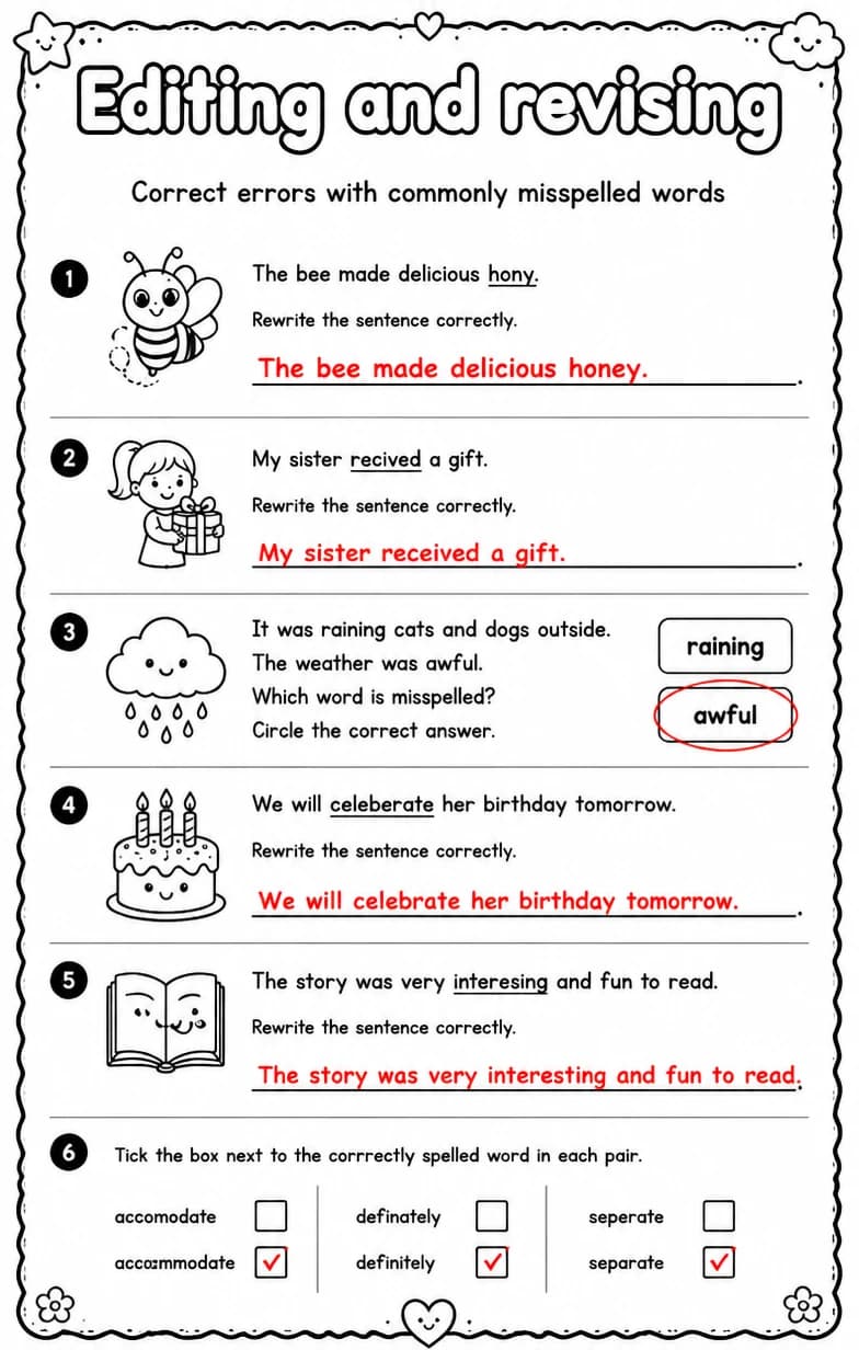 Answer key for Correct errors with commonly misspelled words — free printable English & Reading worksheet