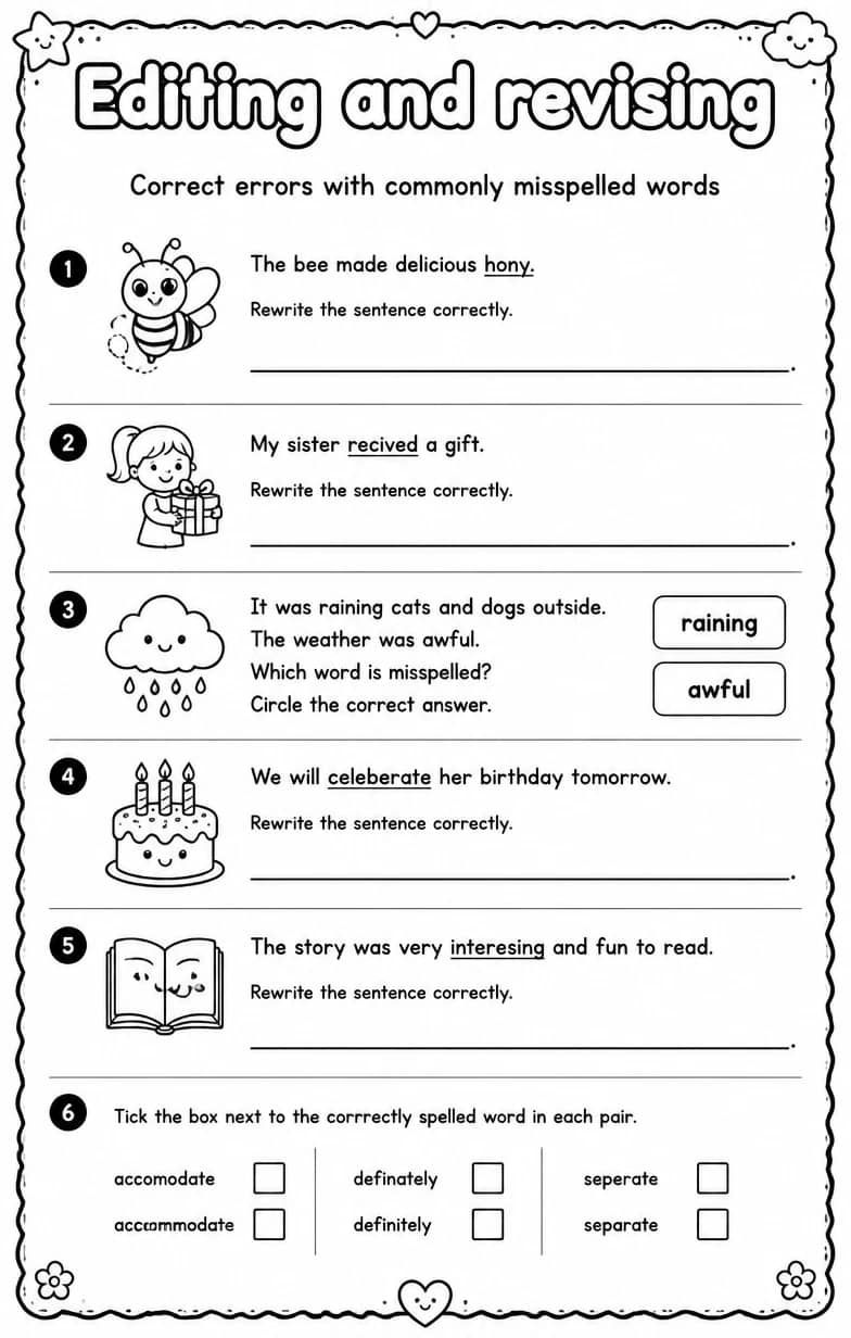 Correct errors with commonly misspelled words — free printable Writing strategies English worksheet