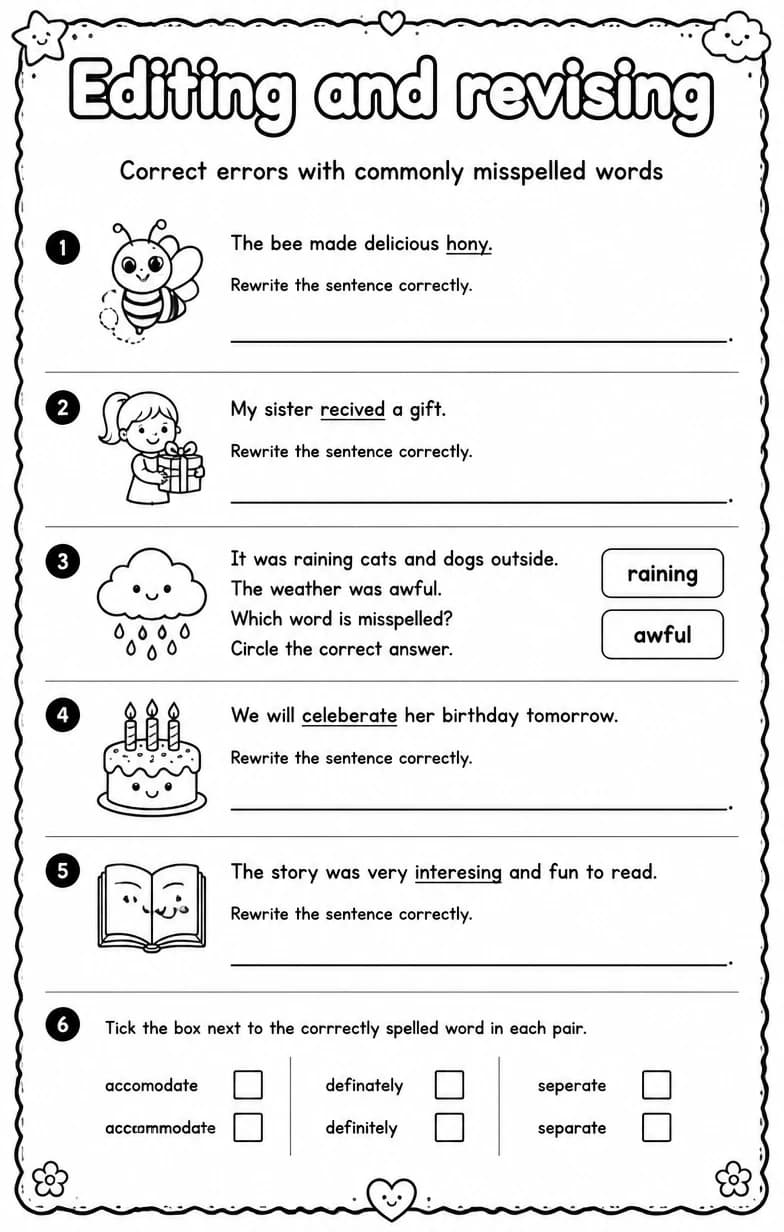 Correct errors with commonly misspelled words — free printable Writing strategies English worksheet