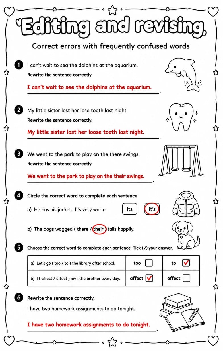 Answer key for Correct errors with frequently confused words — free printable English & Reading worksheet