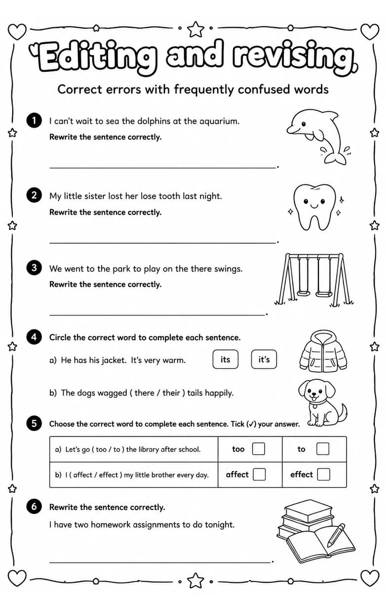 Correct errors with frequently confused words — free printable Grade 5 English & Reading worksheet