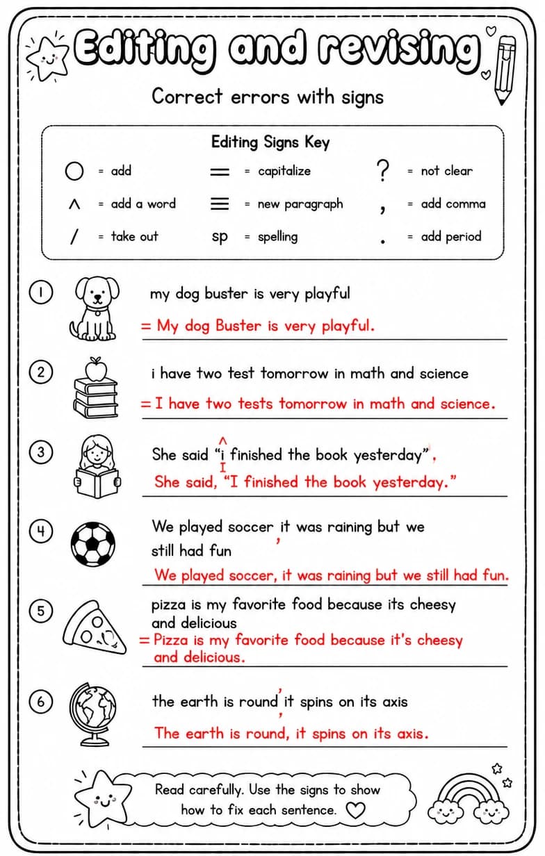 Answer key for Correct errors with signs — free printable English & Reading worksheet