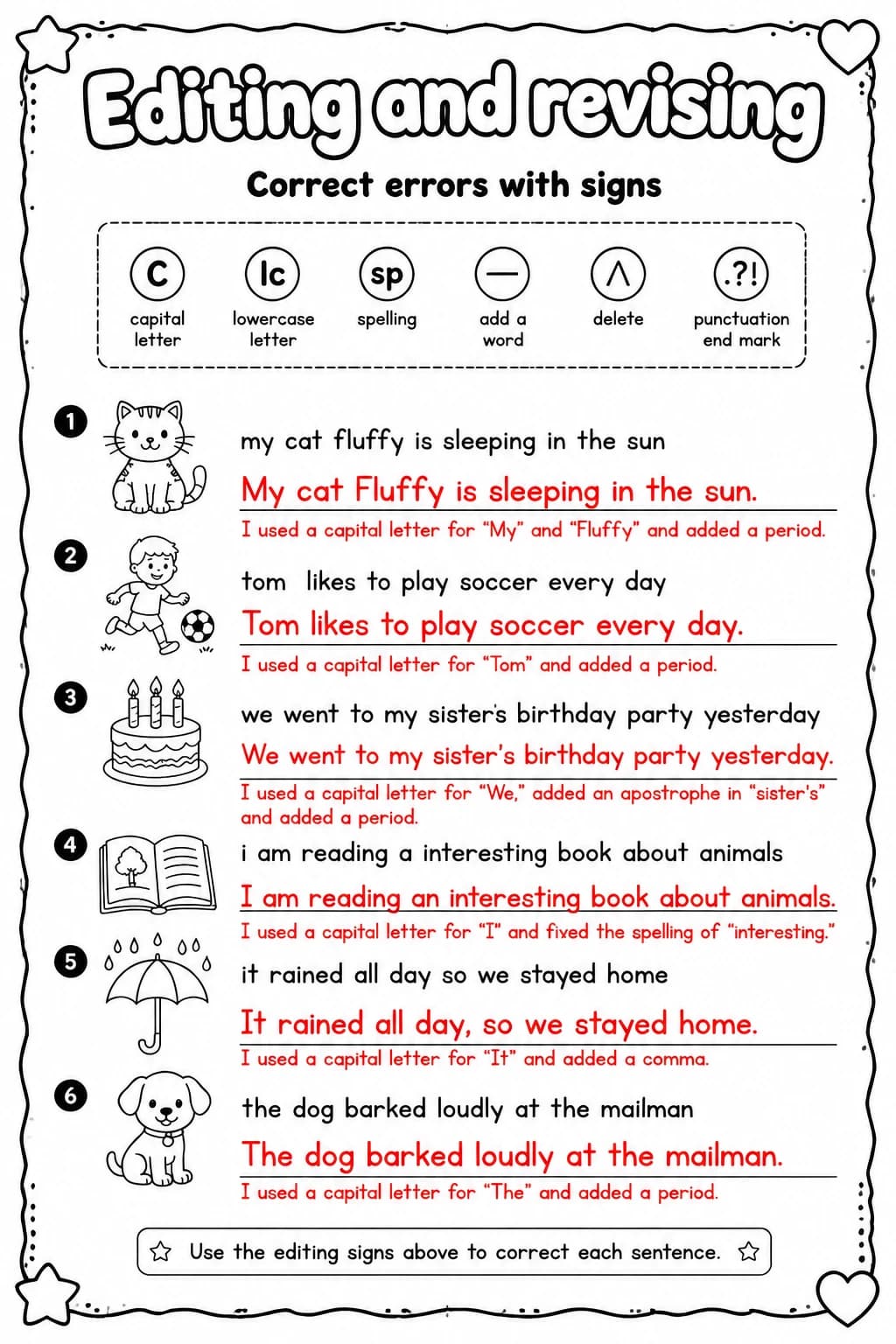 Answer key for Correct errors with signs — free printable English & Reading worksheet