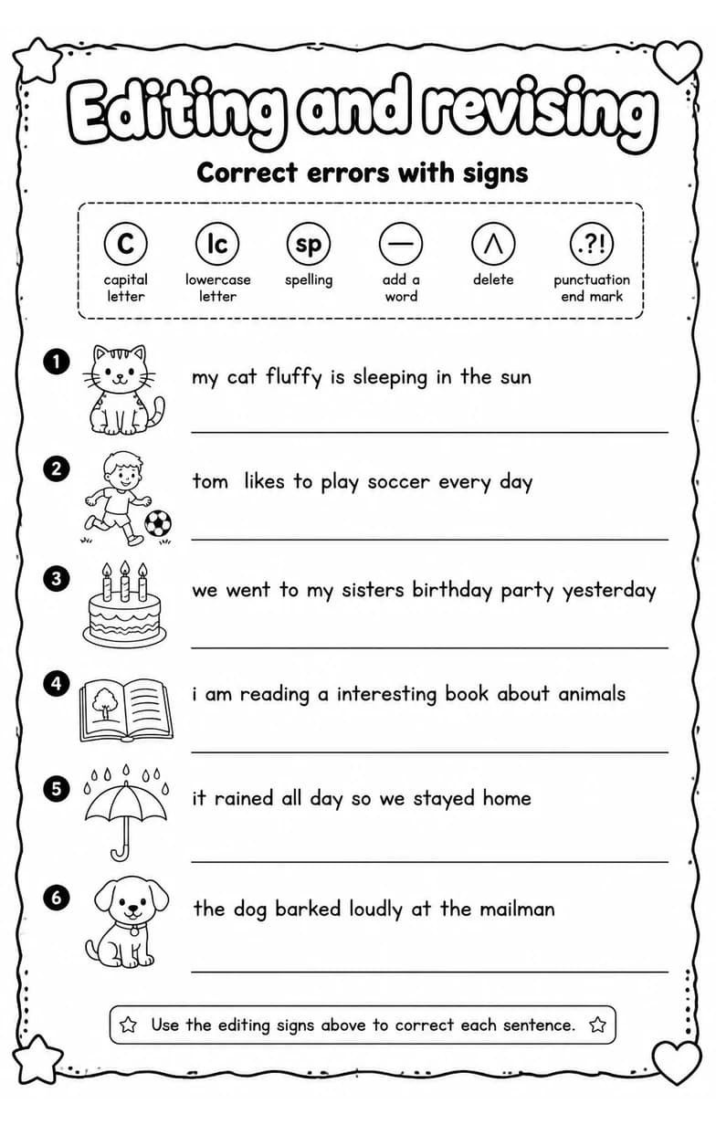 Correct errors with signs — free printable Grade 3 English & Reading worksheet
