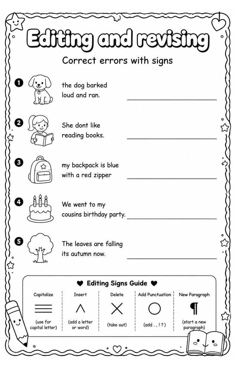 Correct errors with signs — free printable Grade 4 English & Reading worksheet