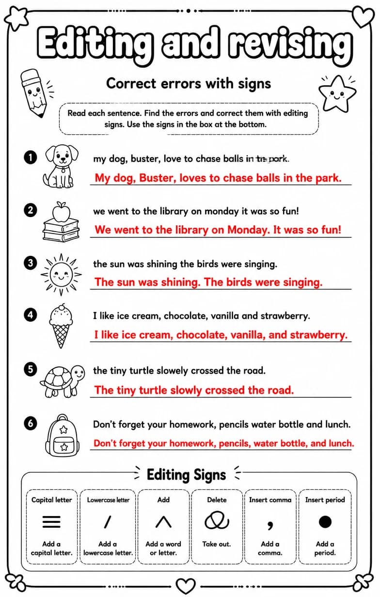Answer key for Correct errors with signs — free printable English & Reading worksheet