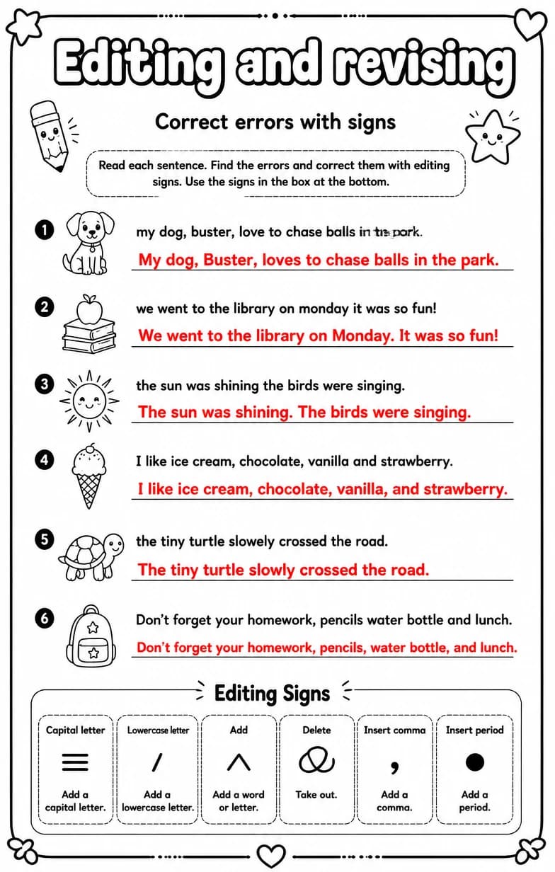 Answer key for Correct errors with signs — free printable English & Reading worksheet