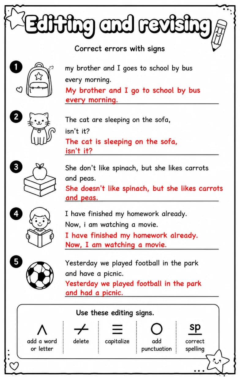 Answer key for Correct errors with signs — free printable English & Reading worksheet