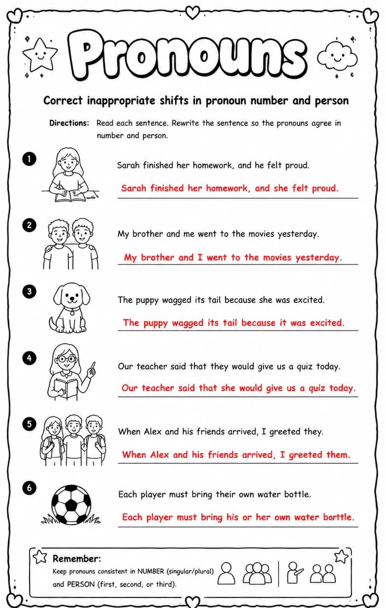 Answer key for Correct inappropriate shifts in pronoun number and person — free printable English & Reading worksheet