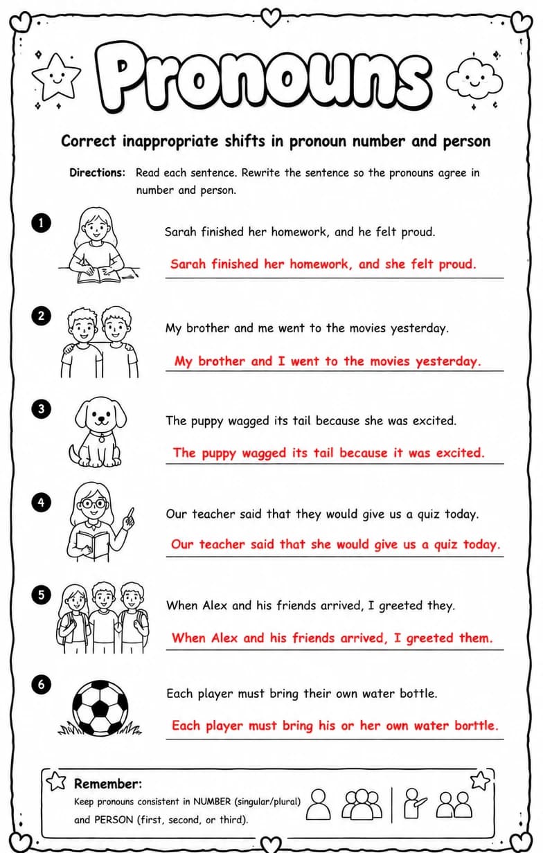 Answer key for Correct inappropriate shifts in pronoun number and person — free printable English & Reading worksheet