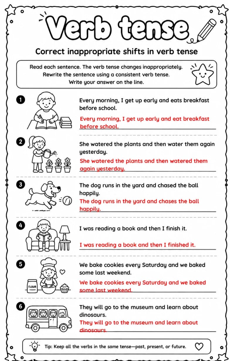 Answer key for Correct inappropriate shifts in verb tense — free printable English & Reading worksheet