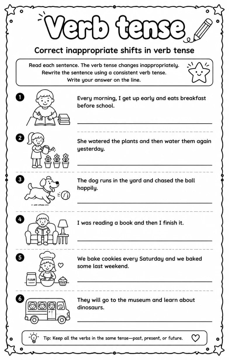 Correct inappropriate shifts in verb tense — free printable Grammar and mechanics English worksheet