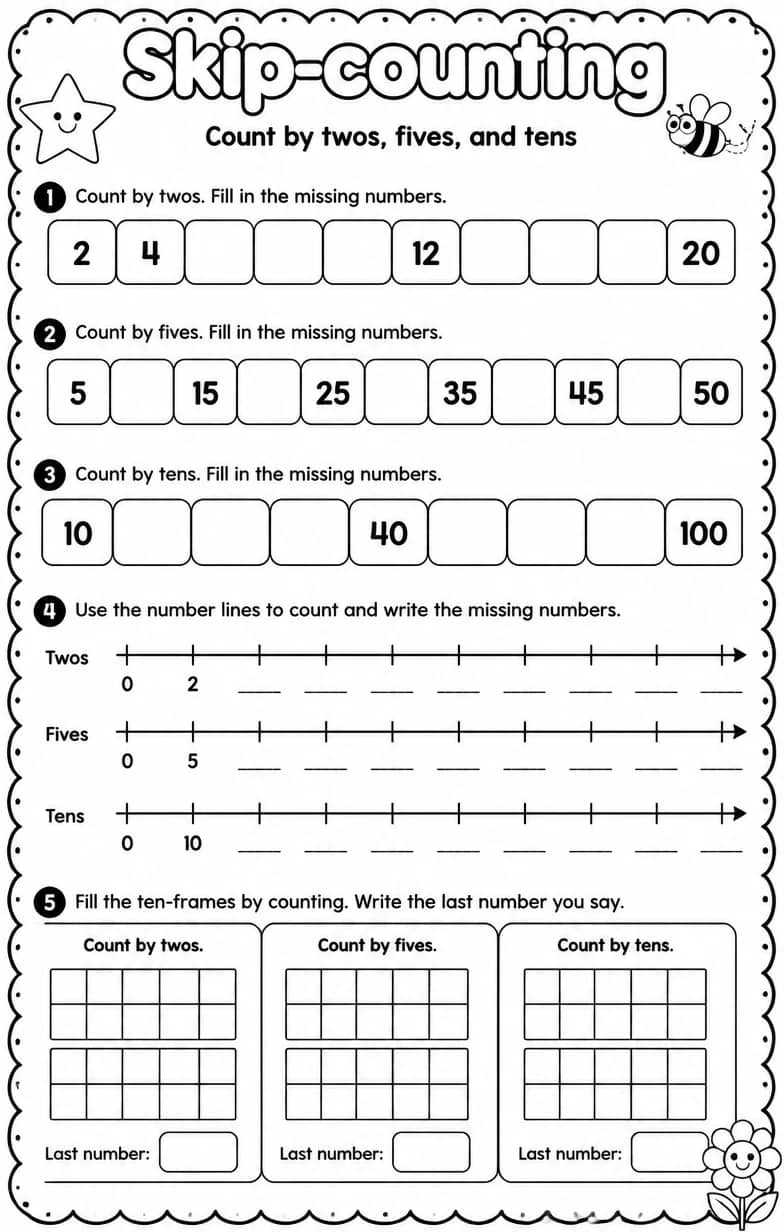 Count by twos, fives, and tens — free printable Grade 1 math worksheet