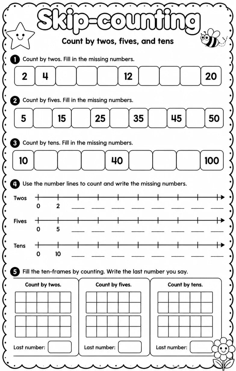 Count by twos, fives, and tens — free printable Grade 1 Math worksheet