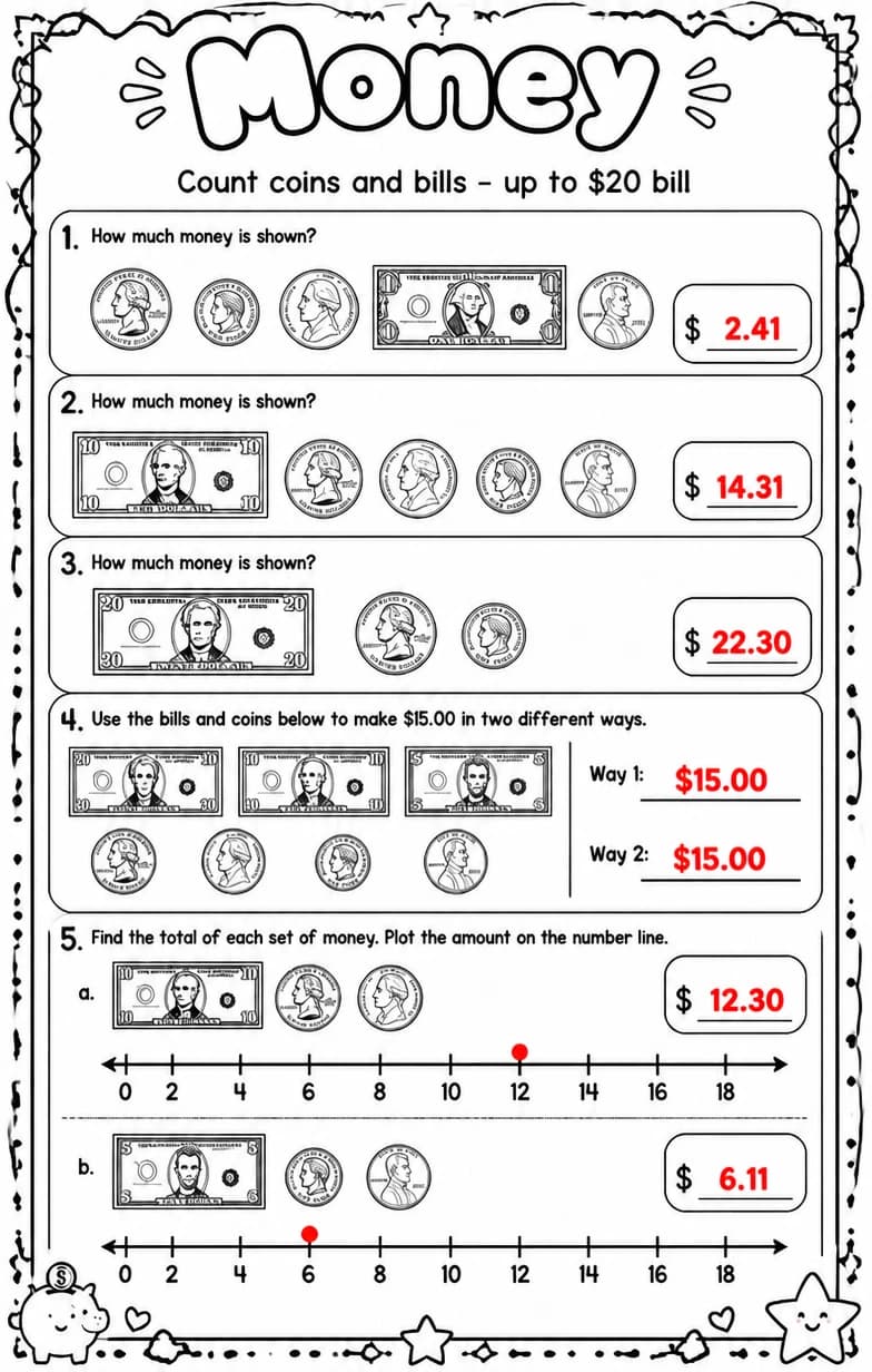 Answer key for Count coins and bills - up to $20 bill — free printable Math worksheet