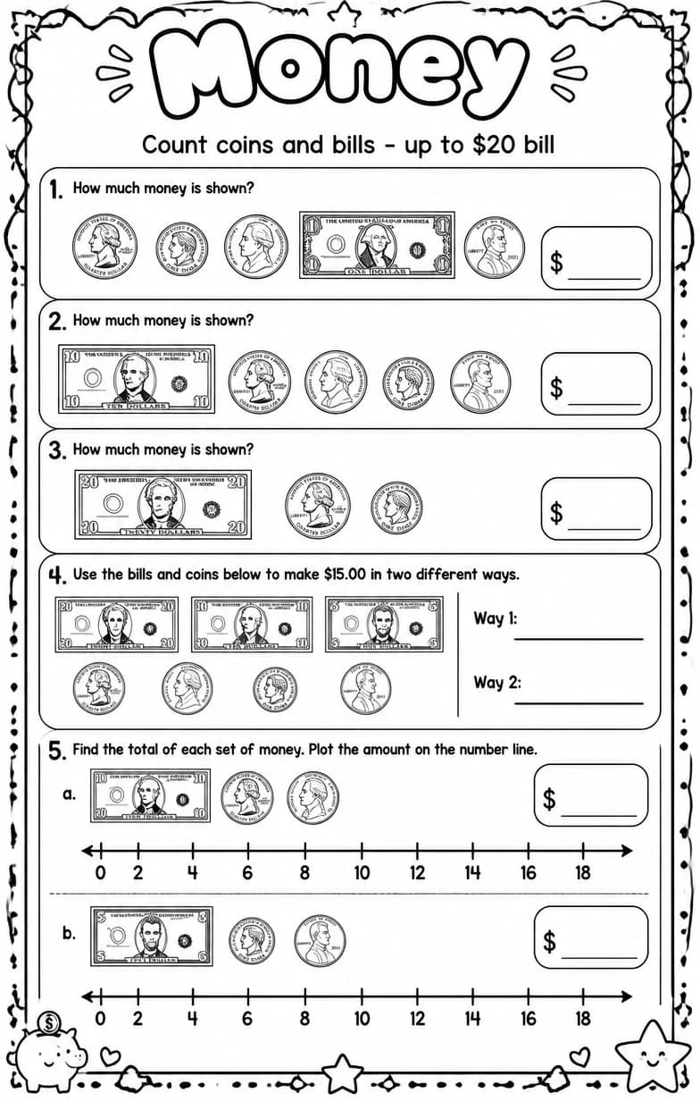 Count coins and bills - up to $20 bill — free printable Grade 4 math worksheet