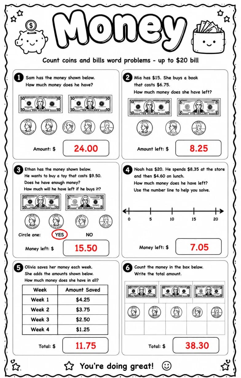 Answer key for Count coins and bills word problems - up to $20 bill — free printable Math worksheet