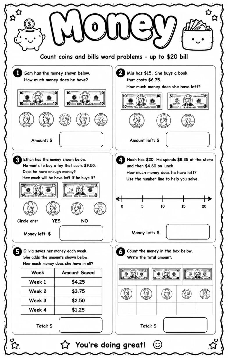 Count coins and bills word problems - up to $20 bill — free printable Grade 4 math worksheet