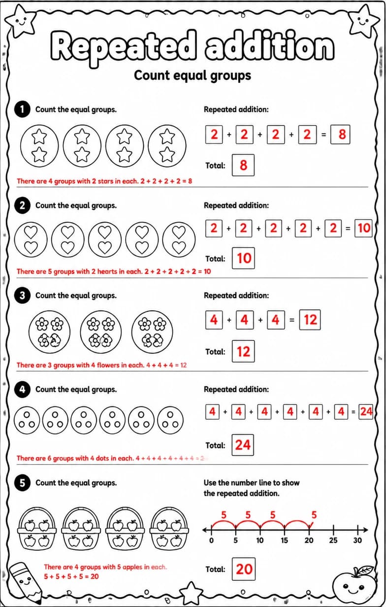 Answer key for Count equal groups — free printable Math worksheet