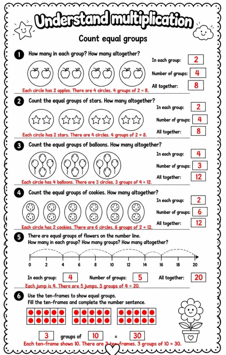 Answer key for Count equal groups — free printable Math worksheet
