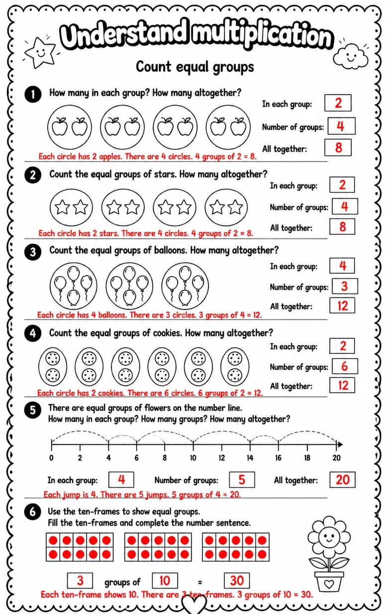 Answer key for Count equal groups — free printable Math worksheet