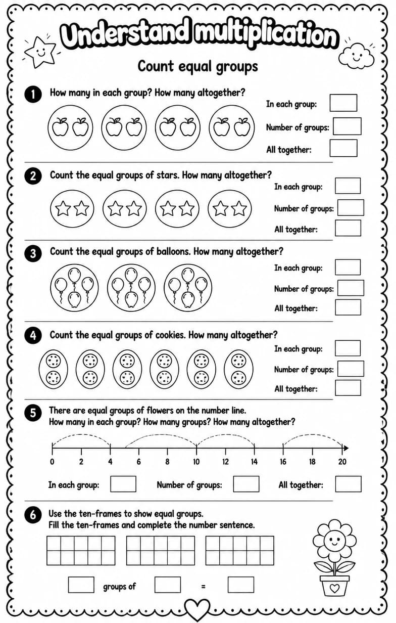 Count equal groups — free printable Grade 3 Math worksheet
