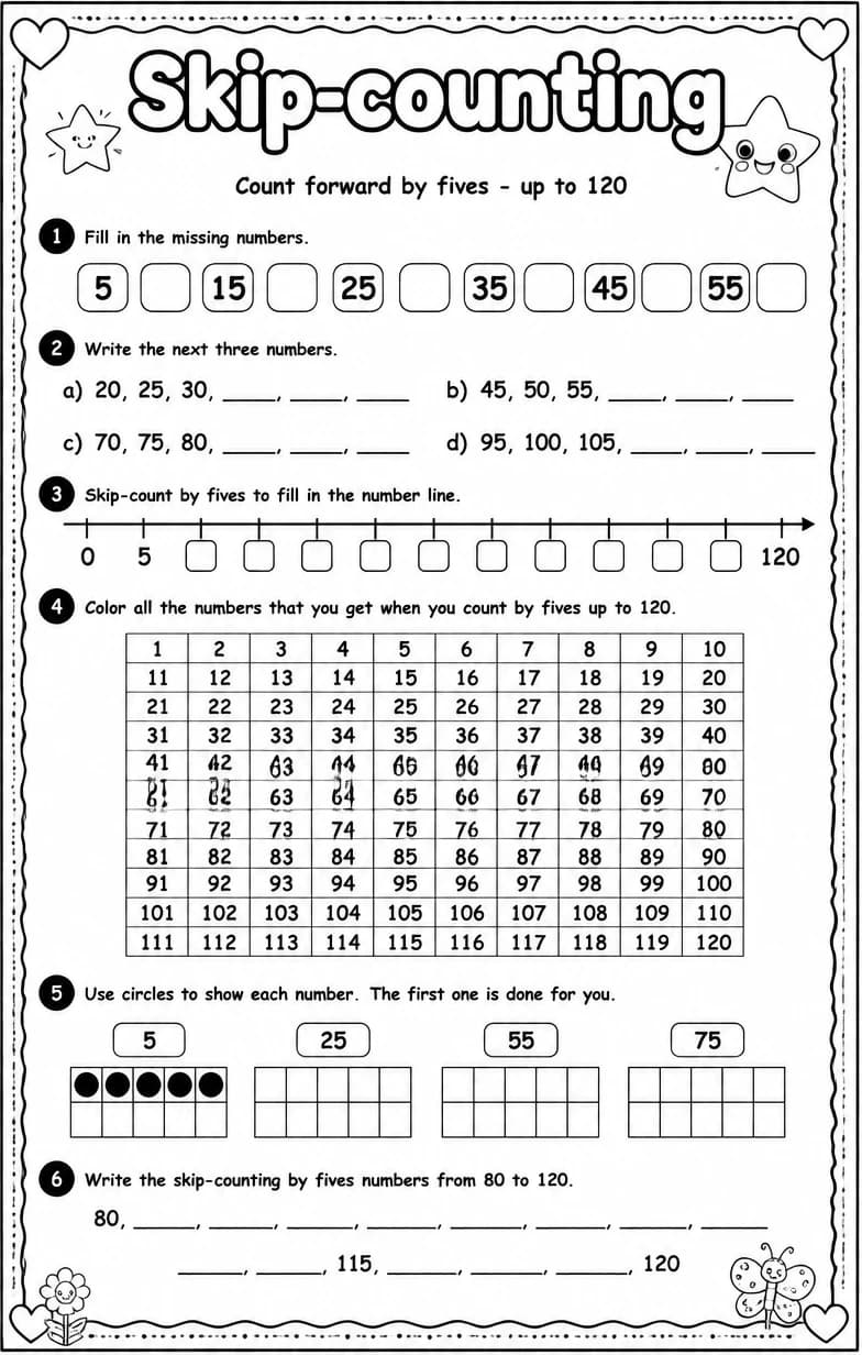 Count forward by fives - up to 120 — free printable Grade 1 math worksheet