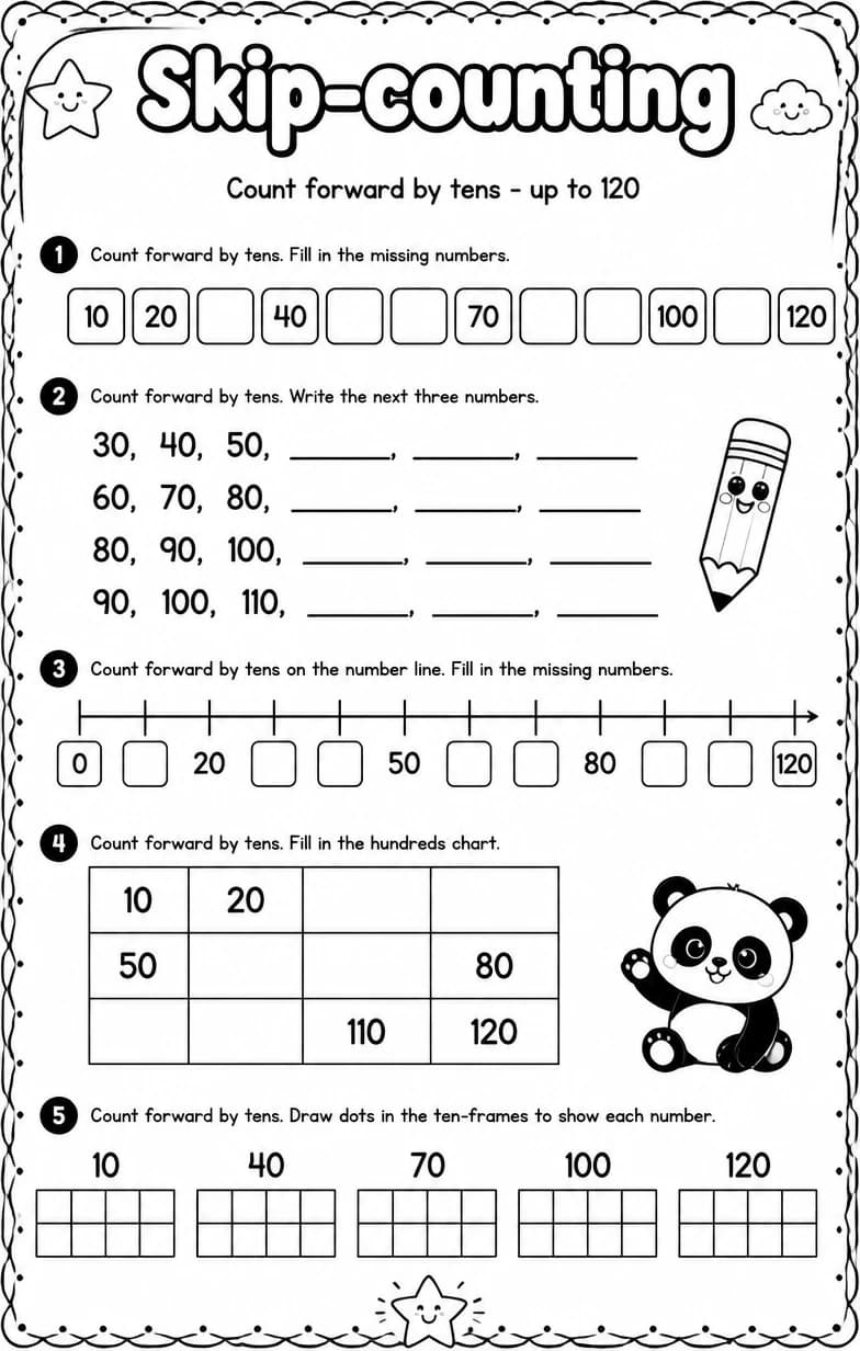 Count forward by tens - up to 120 — free printable Grade 1 math worksheet
