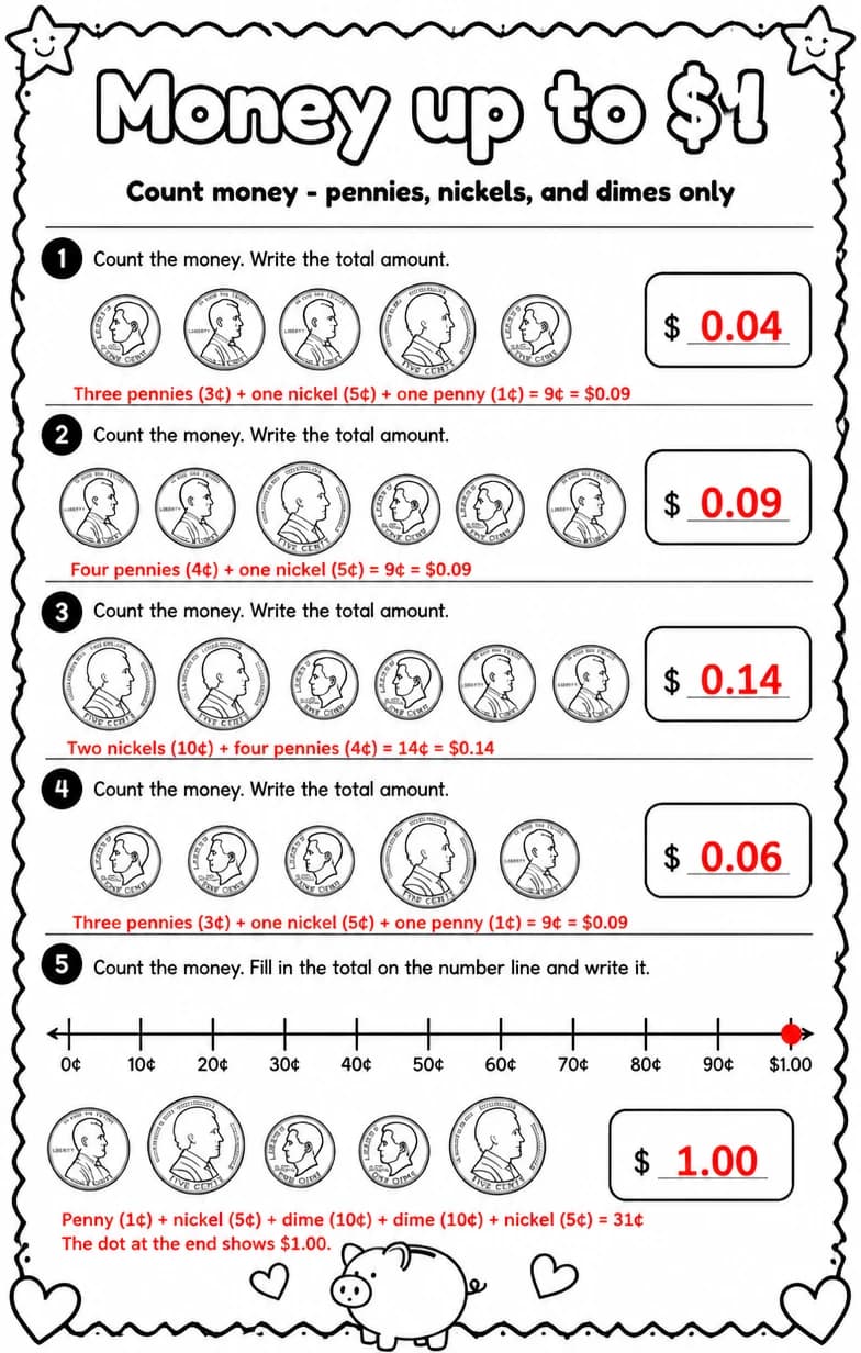 Answer key for Count money - pennies, nickels, and dimes only — free printable Math worksheet