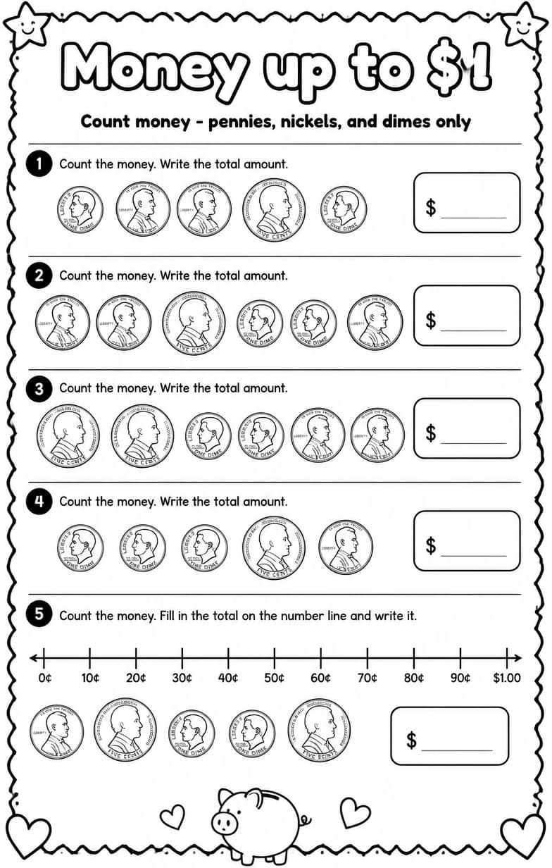Count money - pennies, nickels, and dimes only — free printable Grade 2 math worksheet