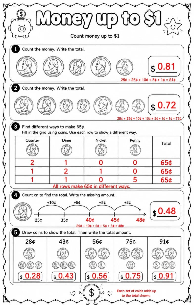 Answer key for Count money up to $1 — free printable Math worksheet