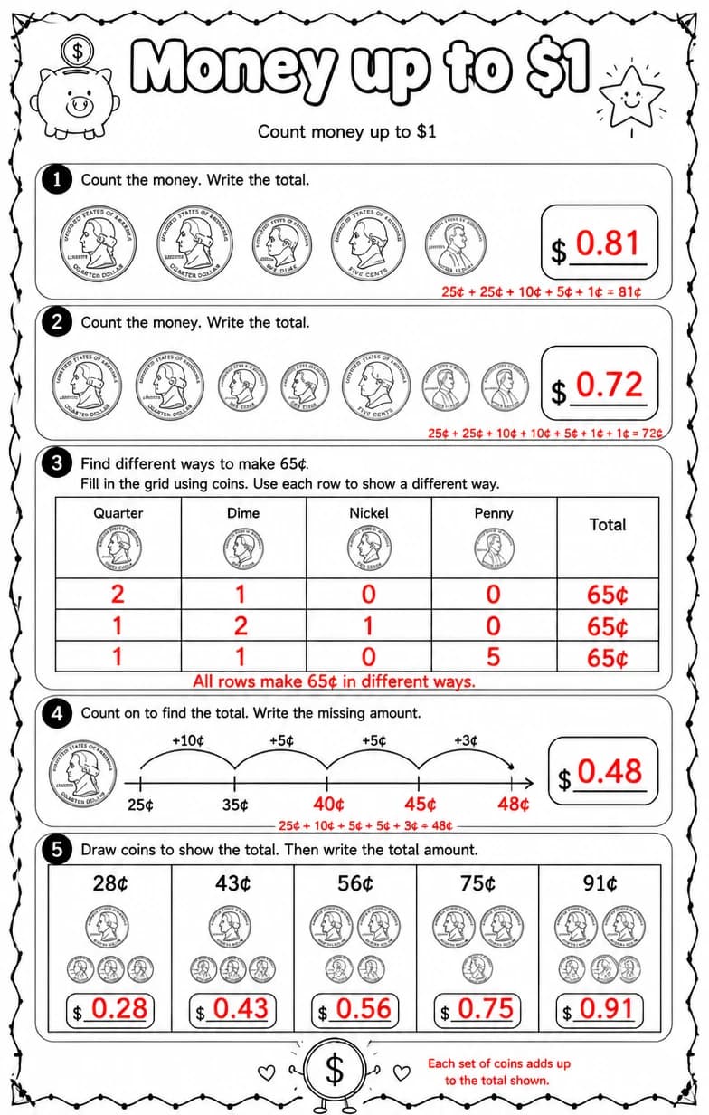 Answer key for Count money up to $1 — free printable Math worksheet