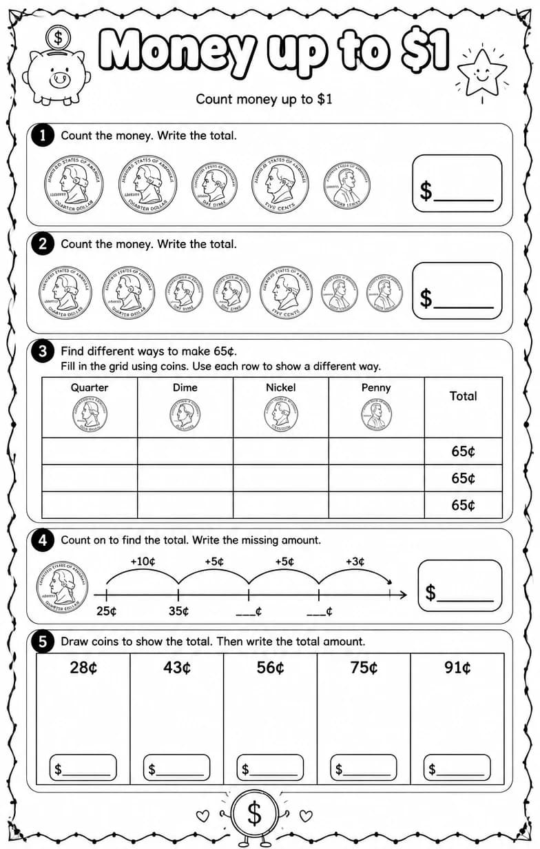 Count money up to $1 — free printable Grade 2 math worksheet