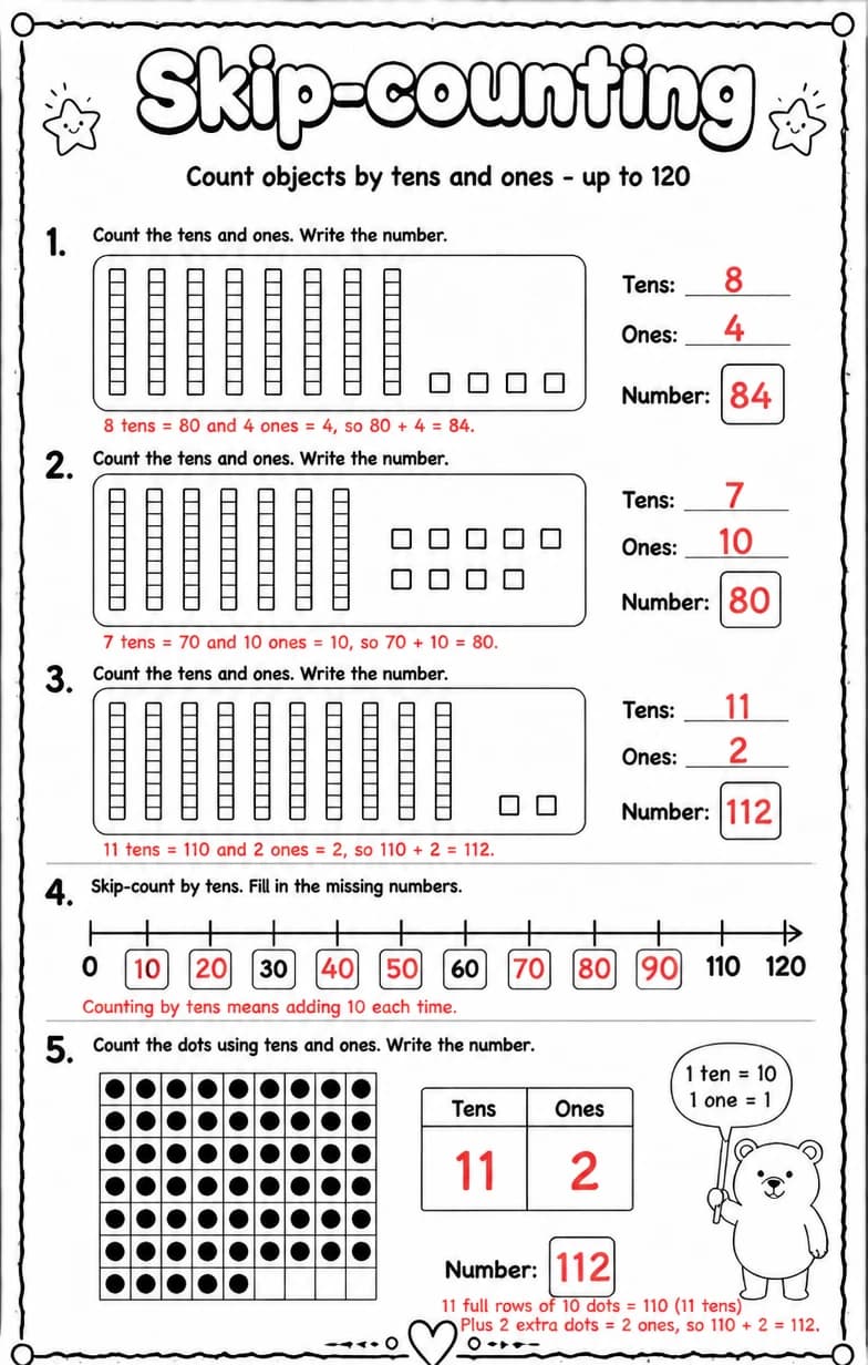 Answer key for Count objects by tens and ones - up to 120 — free printable Math worksheet