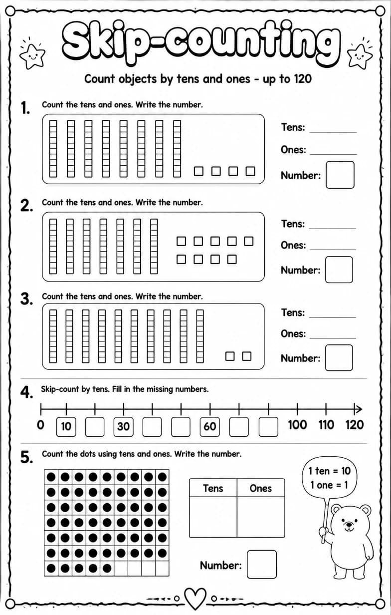 Count objects by tens and ones - up to 120 — free printable Grade 1 math worksheet