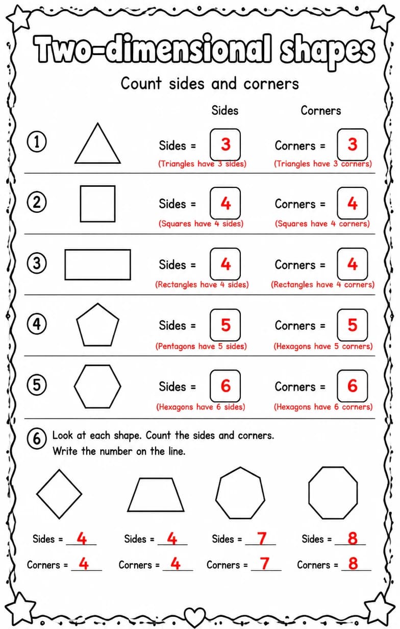 Answer key for Count sides and corners — free printable Math worksheet