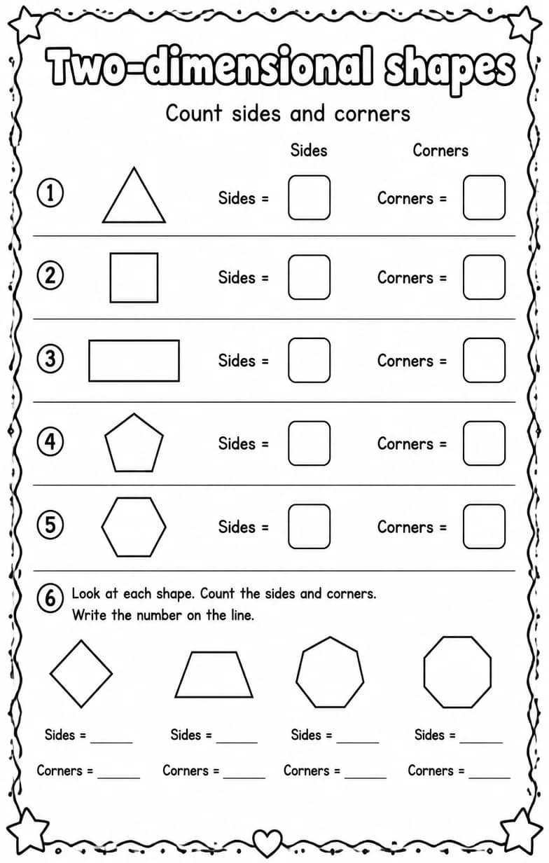Count sides and corners — free printable Grade 1 math worksheet