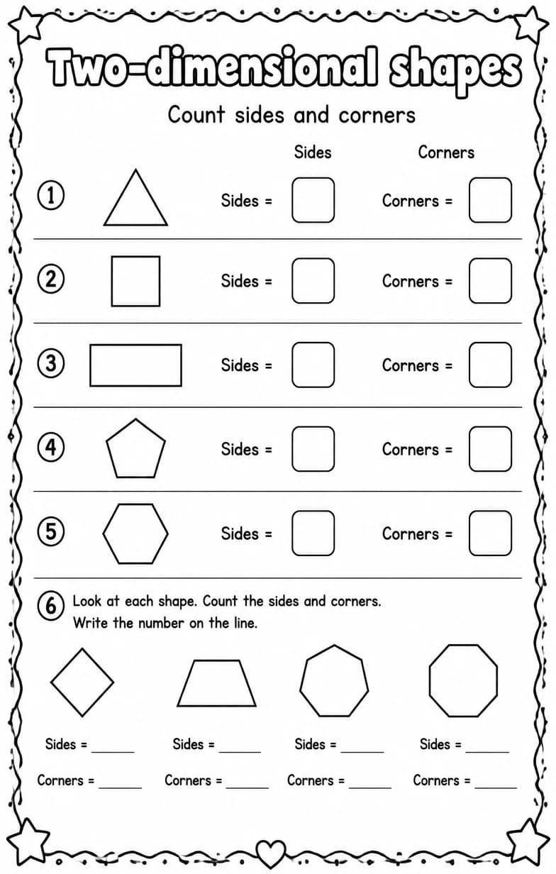 Count sides and corners — free printable Grade 1 Math worksheet